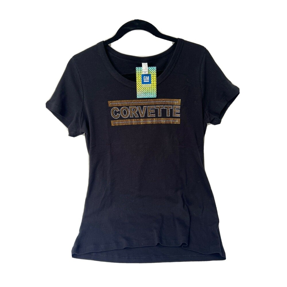 GM Corvette Rhinestones Gold Ladies Black T-shirt Size 2XL New w/tags Cap Sleeve